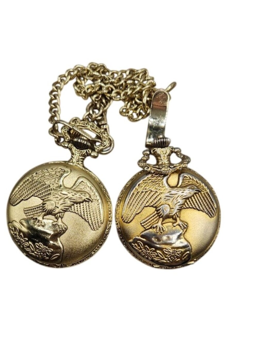 Gold Tone Eagle Pocket Watch With Chain & Clip Quartz Movement Embossed Design
